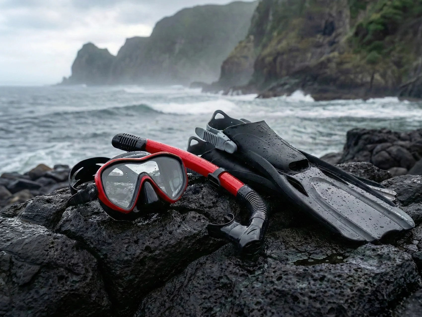 A set of high-quality snorkeling equipment, including a red and black mask, snorkel, and black fins, resting on dark volcanic rocks with a misty coastal cliffside and crashing waves in the background.