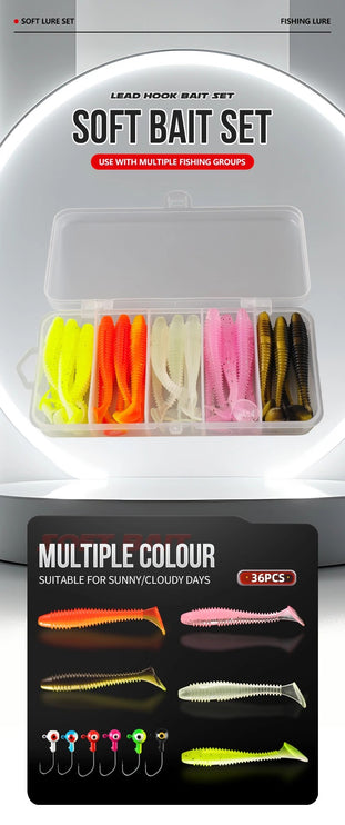 Meanfish 36pcs Fishing Bait Accessories Set – Soft Lure Kit with 1.75g Jig Heads