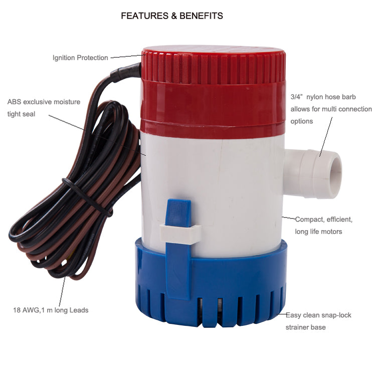 1100GPH 12V Boat Bilge Pump Non Automatic Marine Water Pump