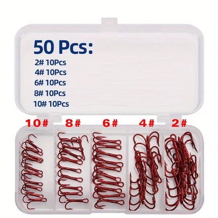 50 pcs Treble Hook Carbon Steel hooks with Tackle Box