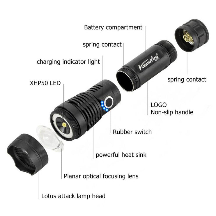 High power LED Zoom Flashlight - Multi Fuction - USB Charged